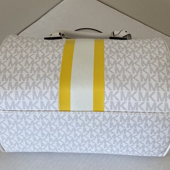 New Michael Kors Bedford Small Duffle Satchel Bright White with Yellow Stripe - Picture 3 of 6